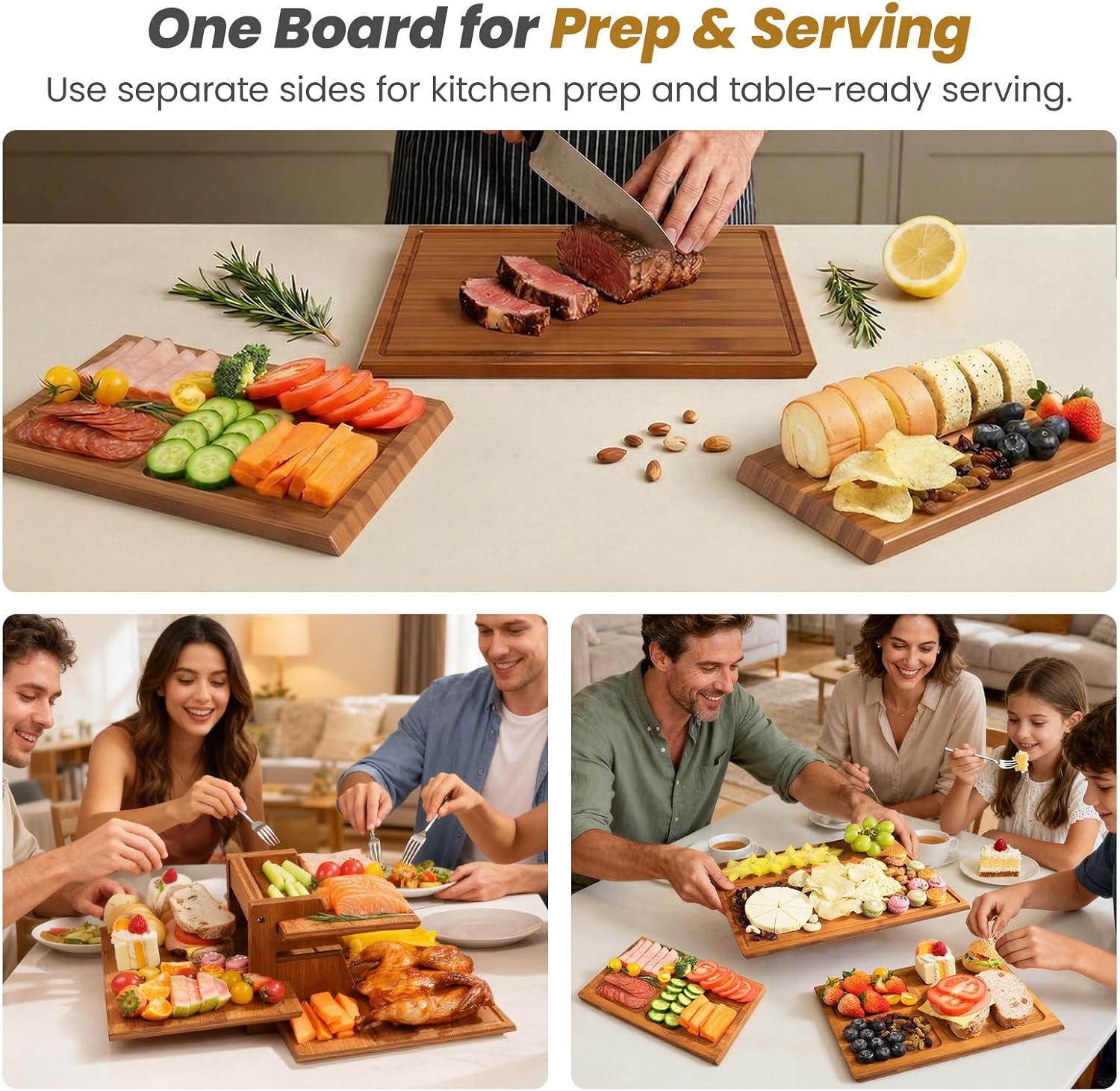 Meal Prep For Cutting - Bambus-Schneidebrett-Set mit Ständer, 3-teiliges doppelseitiges Schneidebrett-Set