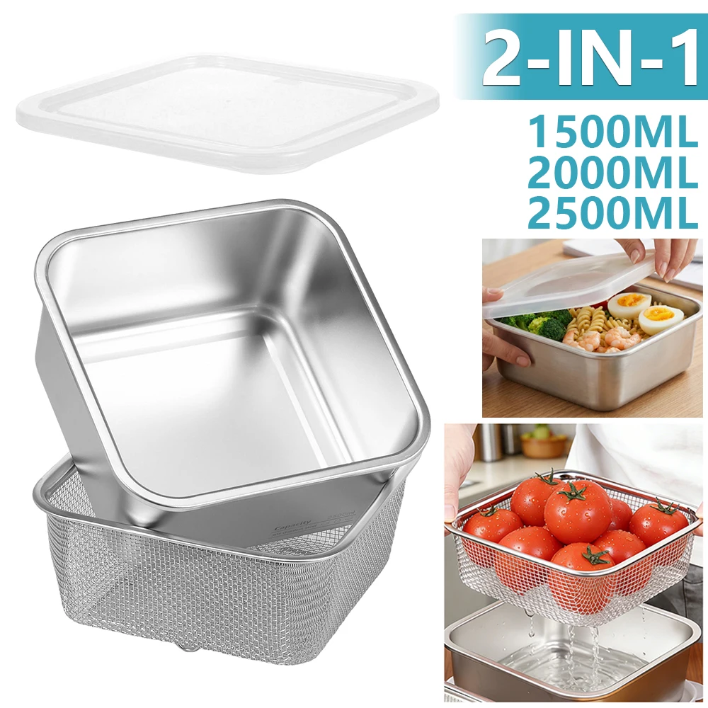 Meal Prep Containers - 2-in-1 Edelstahl-Obstwaschschüssel Quadratisches Sieb-Set mit Deckel