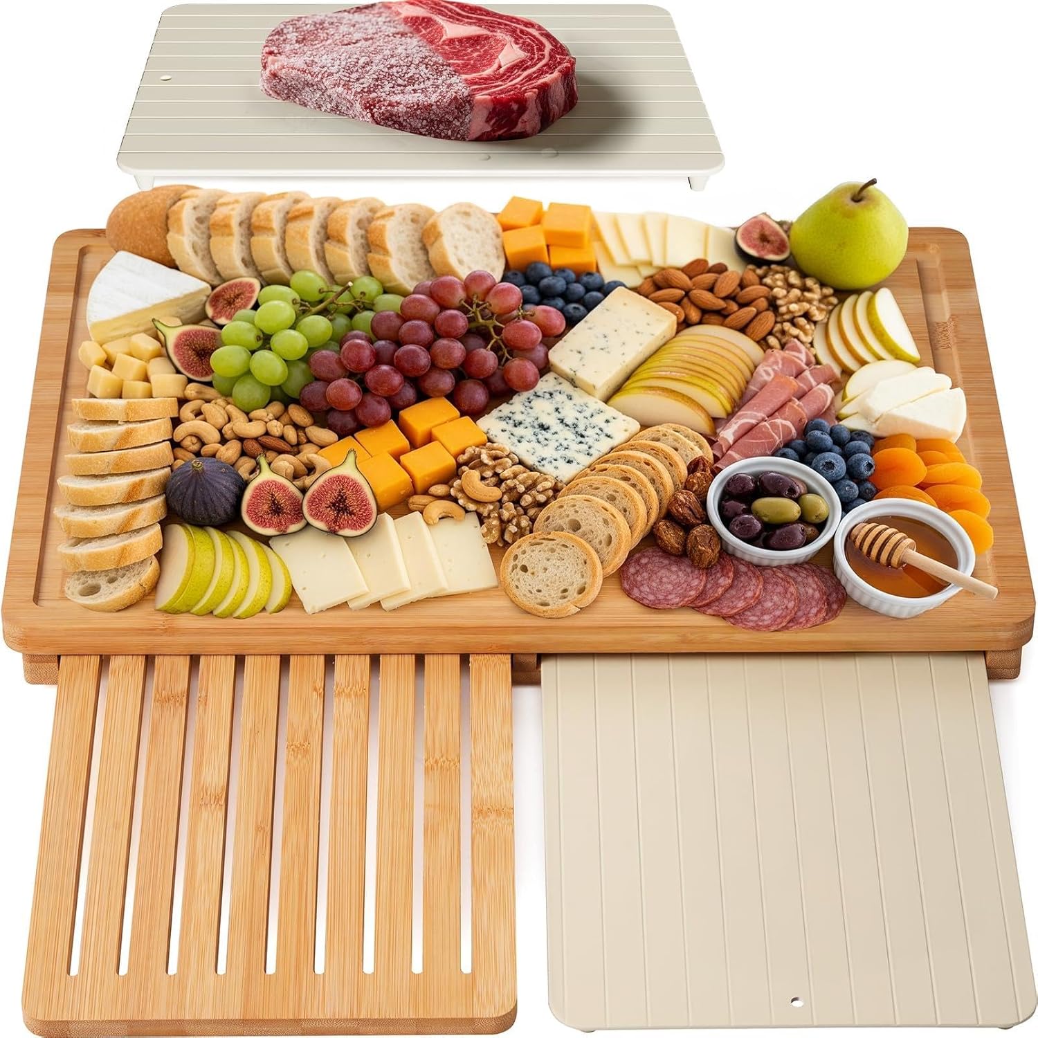 Meal Prep Juice - Bambus-Schneidebrett-Set mit Auftautablett, Integriertem Organizer, Spülmaschinenfest,
